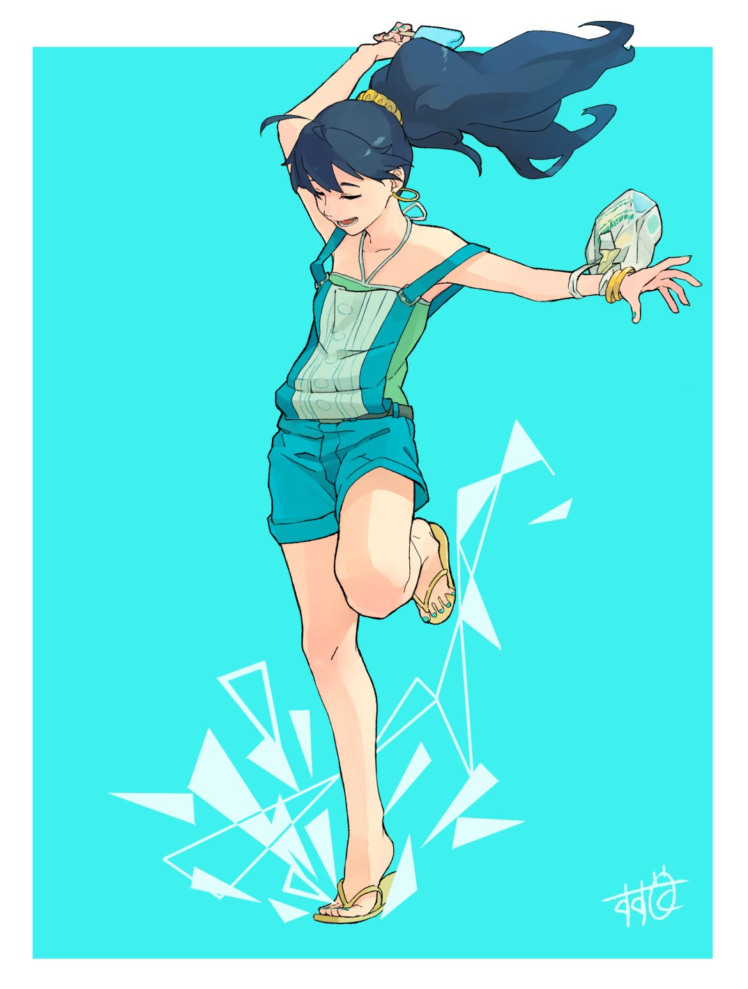 1girl arm_up artist_name bag blue_background blue_hair bracelet flip-flops food full_body ganaha_hibiki green_nails green_shirt halterneck highres holding holding_food idolmaster idolmaster_(classic) jewelry long_hair open_mouth outstretched_arm overall_shorts plastic_bag ponytail popsicle sandals shima_(landsuzume) shirt smile solo standing standing_on_one_leg toenail_polish yellow_footwear