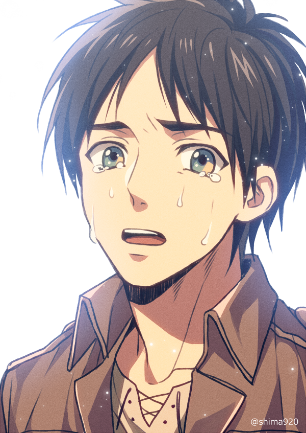 1boy black_hair brown_jacket brown_shirt commentary_request crying crying_with_eyes_open eren_yeager green_eyes grey_background jacket looking_at_viewer male_focus mashima_shima open_clothes open_jacket open_mouth paradis_military_uniform shingeki_no_kyojin shirt simple_background solo tears twitter_username upper_body upper_teeth