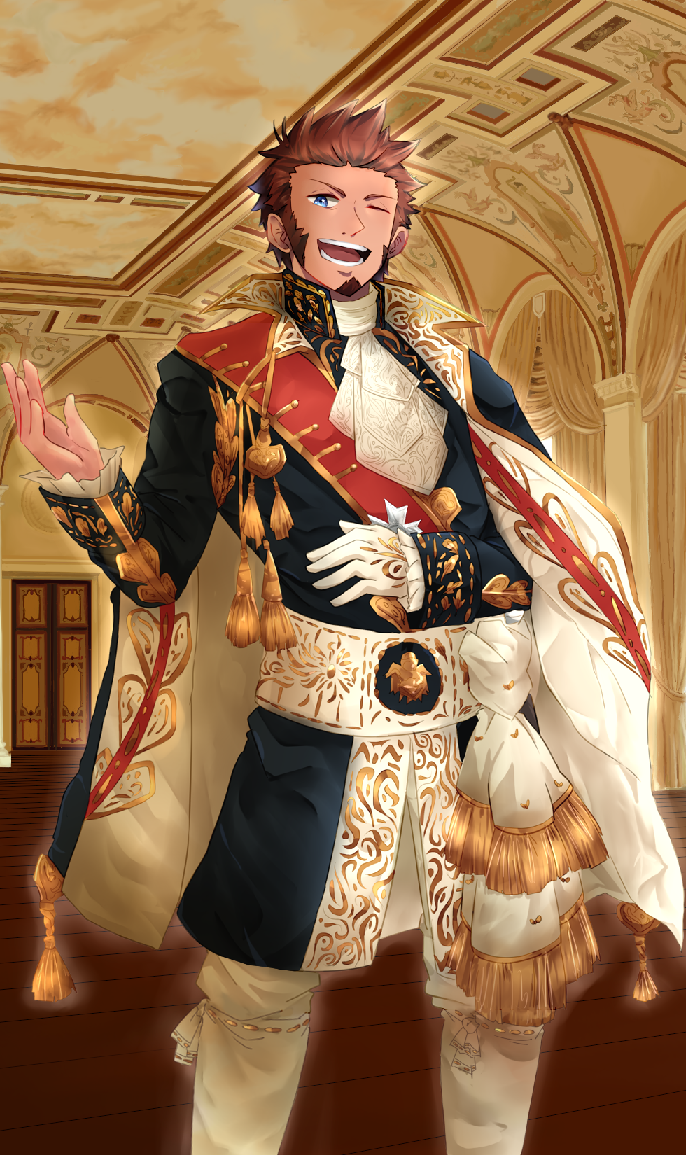 1boy beard blue_eyes brown_hair craft_essence facial_hair fate/grand_order fate_(series) gloves highres long_sleeves looking_at_viewer male_focus napoleon_bonaparte_(fate/grand_order) one_eye_closed single_glove smile solo standing teeth uniform unower_s upper_body