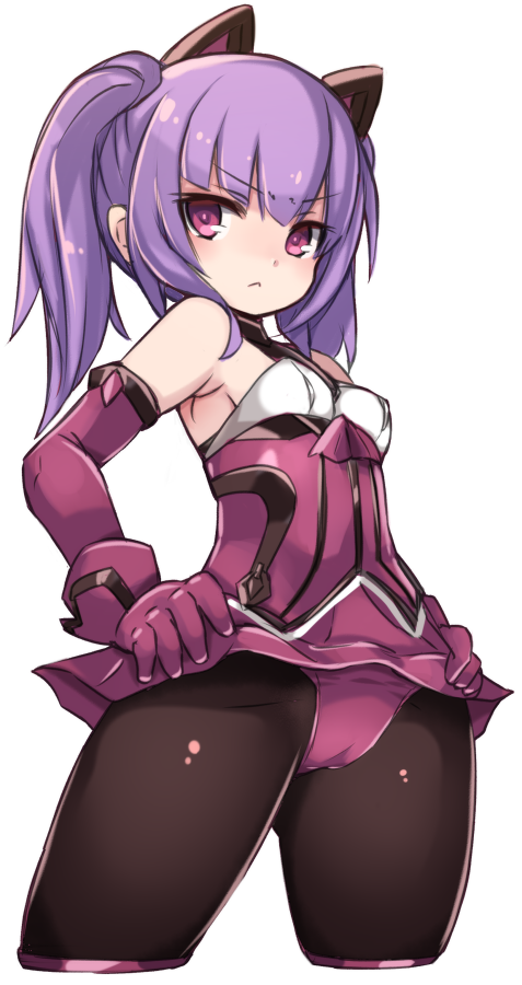 1girl :&lt; alice_gear_aegis bangs bare_shoulders black_legwear breasts closed_mouth cropped_legs detached_sleeves eyebrows_visible_through_hair gloves hands_on_hips headgear ichijou_ayaka karukan_(monjya) leotard long_sleeves looking_at_viewer pantyhose purple_gloves purple_hair purple_leotard purple_sleeves sidelocks simple_background small_breasts solo twintails v-shaped_eyebrows violet_eyes white_background