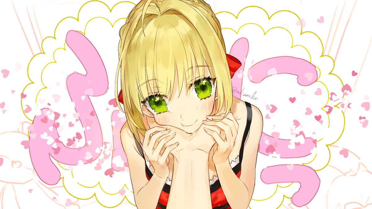 1girl ahoge akamakoto blonde_hair blush dress fate/grand_order fate_(series) green_eyes hair_bun head_in_hand nero_claudius_(fate) nero_claudius_(fate)_(all) red_dress twitter_username