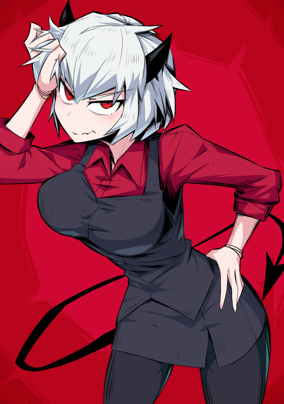 1girl arm_up bangs black_horns black_legwear breasts collared_shirt commentary demon_girl demon_horns demon_tail eyebrows_visible_through_hair hand_on_hip helltaker highres horns leaning_forward malina_(helltaker) pantyhose red_background red_eyes red_shirt shimure_(460) shirt short_hair sleeves_rolled_up solo tail v-shaped_eyebrows wavy_mouth white_hair