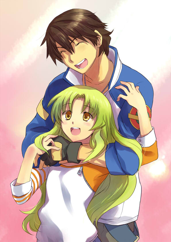 1boy 1girl :d ao_no_kiseki bangs brown_hair closed_eyes commentary_request eiyuu_densetsu eyebrows_visible_through_hair fingerless_gloves gloves green_hair hug hug_from_behind jacket jewelry kea_(eiyuu_densetsu) lloyd_bannings long_hair nakashima_tai necklace open_mouth parted_bangs smile upper_teeth yellow_eyes zero_no_kiseki