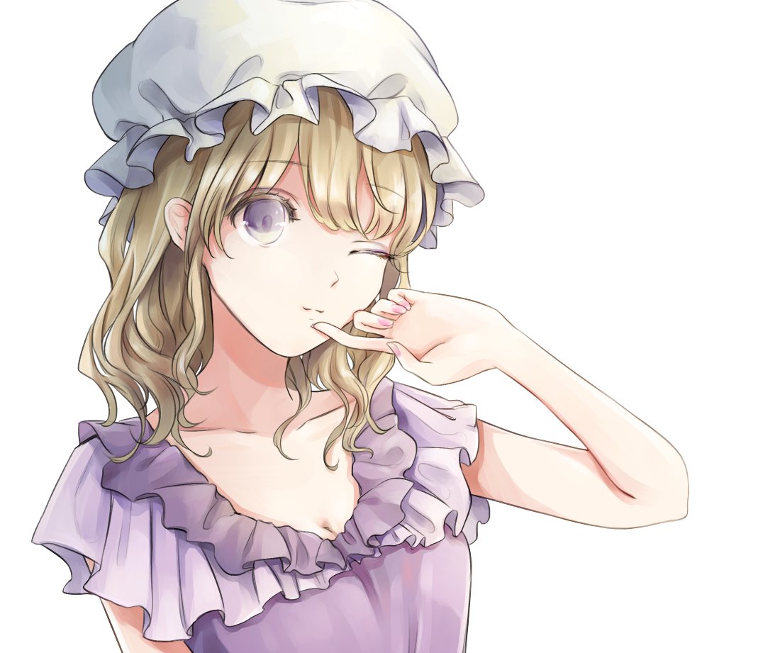 1girl alternate_costume blonde_hair closed_mouth dress eyebrows_visible_through_hair hair_between_eyes hat looking_at_viewer maribel_hearn mob_cap one_eye_closed poteimo_(poteimo622) purple_dress simple_background smile solo touhou upper_body violet_eyes white_background