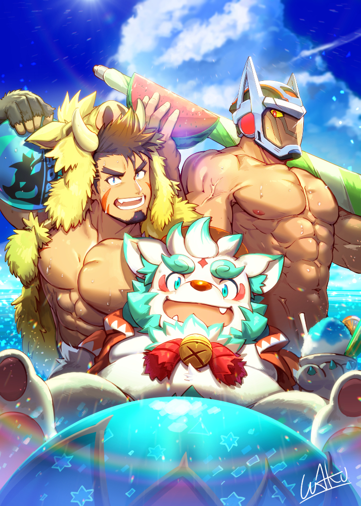 3boys abs agyo_(tokyo_houkago_summoners) algernon_(tokyo_houkago_summoners) ball bara beard blue_eyes brown_hair chest clouds day english_text facial_hair fang food fruit furry gullinbursti_(tokyo_houkago_summoners) hat helmet holding holding_ball looking_at_viewer male_focus manly multiple_boys muscle navel nipples on_shoulder open_mouth outdoors pectorals red_eyes signature sitting sky smile standing star_(symbol) swimsuit teeth tokyo_houkago_summoners umbrella umbrella_on_arm veins waku_(ayamix) watermelon wet yellow_sclera