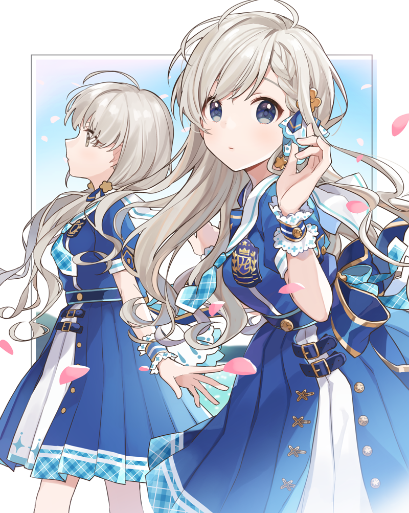 ahoge bangs belt blue_eyes blue_jacket blue_neckwear blue_ribbon blue_skirt blue_sky blunt_bangs blush braid braided_bangs breasts brown_eyes chiri_(ch!) closed_mouth cowboy_shot earrings from_side grey_hair hair_ribbon high-waist_skirt hisakawa_hayate hisakawa_nagi idol idolmaster idolmaster_cinderella_girls idolmaster_cinderella_girls_starlight_stage jacket jewelry long_hair looking_at_viewer low_twintails medium_breasts nail_polish outdoors petals pink_nails pleated_skirt puffy_short_sleeves puffy_sleeves ribbon short_sleeves siblings sisters skirt sky twins twintails