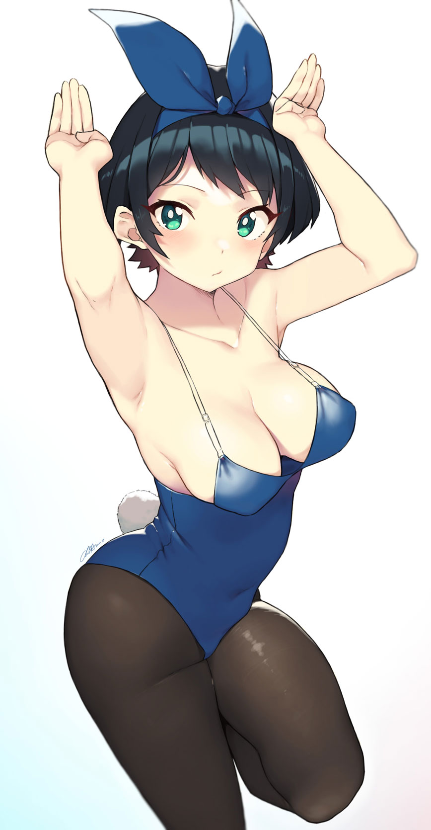 1girl :/ armpits arms_up black_hair black_legwear blue_leotard blue_ribbon breasts bunny_pose bunny_tail cloba collarbone commentary green_eyes hair_ribbon highres kanojo_okarishimasu leotard looking_at_viewer medium_breasts pantyhose ribbon sarashina_ruka short_hair solo tail