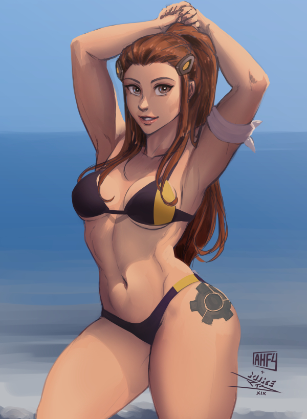 1girl armband armpits arms_up beach bikini black_bikini breasts brigitte_(overwatch) brown_eyes brown_hair collaboration colorized commentary contrapposto cowboy_shot day english_commentary hair_ornament hair_pulled_back hairclip horizon iahfy leg_tattoo light_smile lips long_hair looking_at_viewer medium_breasts navel nose ocean overwatch parted_lips ponytail pose solo standing swimsuit tattoo thick_thighs thighs toned under_boob vashperado