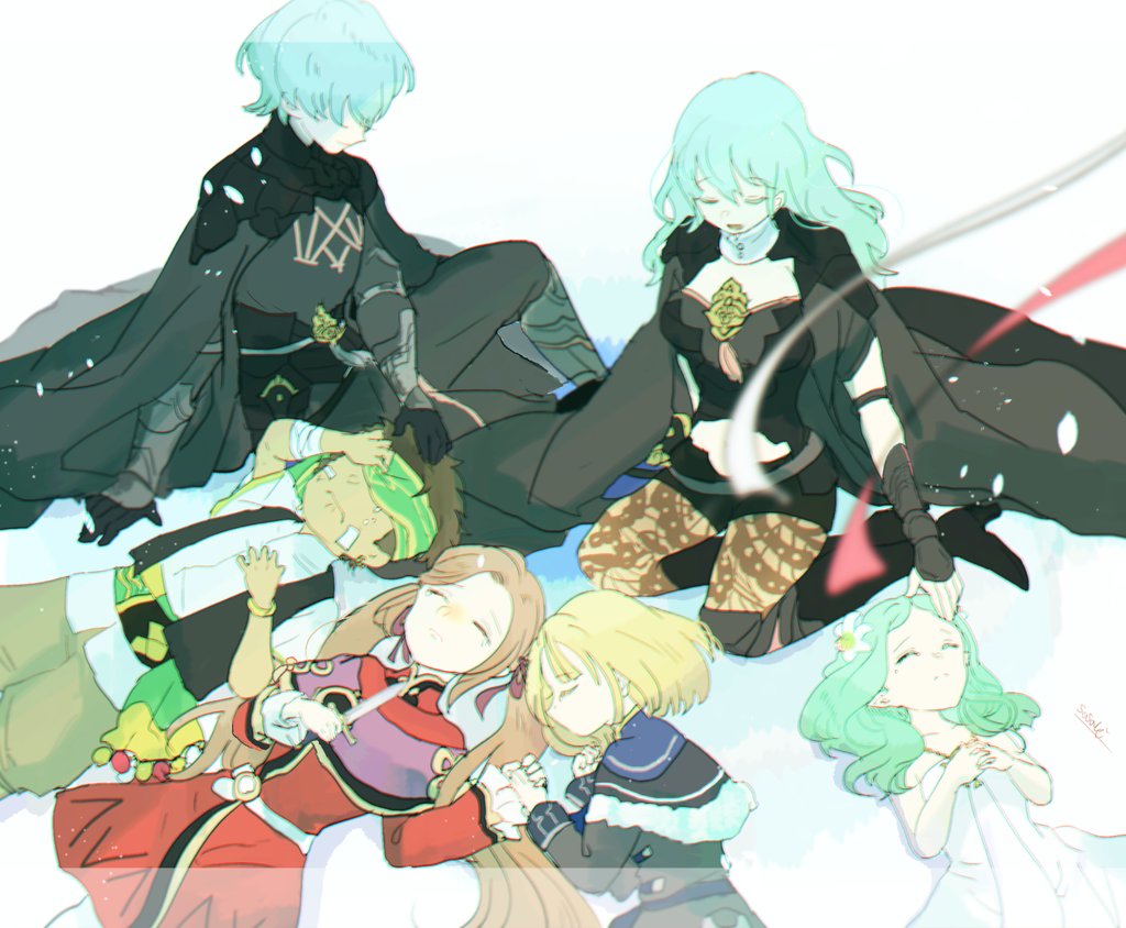 3boys 3girls armor black_gloves blonde_hair bracelet brown_hair byleth_(fire_emblem) byleth_eisner_(female) byleth_eisner_(male) claude_von_riegan closed_eyes closed_mouth crying dagger dark_skin dark_skinned_male dimitri_alexandre_blaiddyd dress edelgard_von_hresvelg fire_emblem fire_emblem:_three_houses flower fur_trim gloves green_hair hair_flower hair_ornament hair_ribbon high_heels holding holding_dagger holding_hands holding_weapon jewelry long_sleeves lying multiple_boys multiple_girls on_back on_side pantyhose pointy_ears rhea_(fire_emblem) ribbon sasaki_(dkenpisss) short_hair sitting twintails weapon white_dress younger