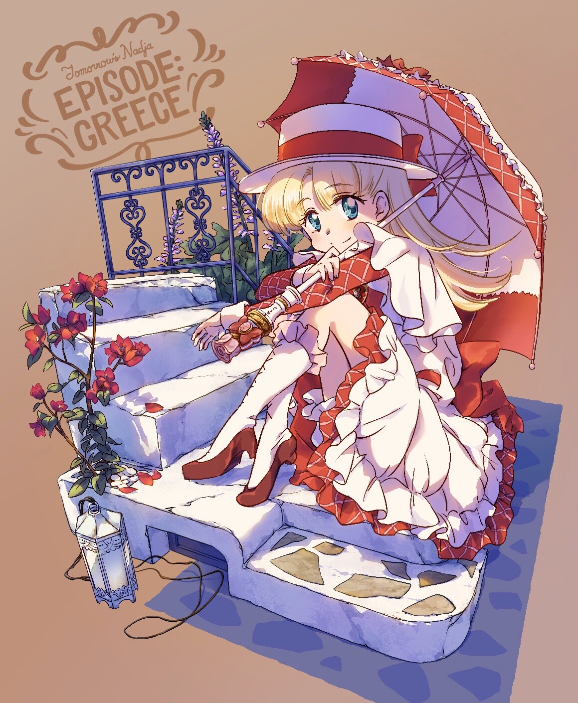 1girl ashita_no_nadja back_bow bangs blonde_hair blue_eyes boater_hat bow brown_background closed_mouth commentary copyright_name dress english_text flower greece hat hat_ribbon high_heels highres holding holding_umbrella kuwabara_(mola_8) lamp long_hair long_sleeves looking_at_viewer medium_dress nadja_applefield parted_bangs plant railing red_bow red_flower red_footwear ribbon short_over_long_sleeves short_sleeves simple_background sitting smile socks solo stairs umbrella white_dress white_headwear white_legwear