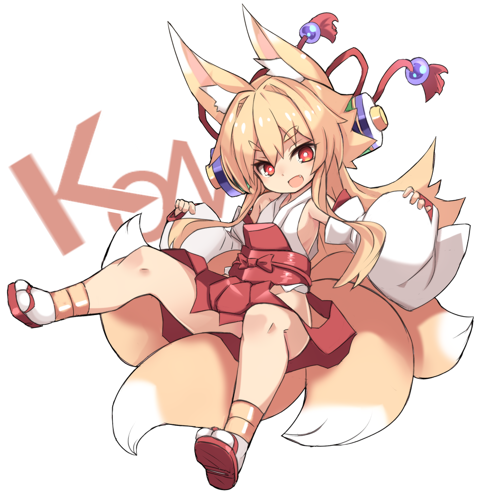 1girl :d animal_ear_fluff animal_ears bangs bare_shoulders blonde_hair bow detached_sleeves eyebrows_visible_through_hair fang fox_ears fox_girl fox_tail full_body groin hair_between_eyes hair_ornament hakama hakama_skirt hip_vent izuna_(shinrabanshou) japanese_clothes karukan_(monjya) kimono kitsune long_hair long_sleeves looking_at_viewer open_mouth pinching_sleeves red_bow red_eyes red_footwear red_hakama shinrabanshou shoe_soles simple_background sleeveless sleeveless_kimono sleeves_past_wrists smile solo tabi tail thick_eyebrows very_long_hair white_background white_kimono white_legwear white_sleeves zouri