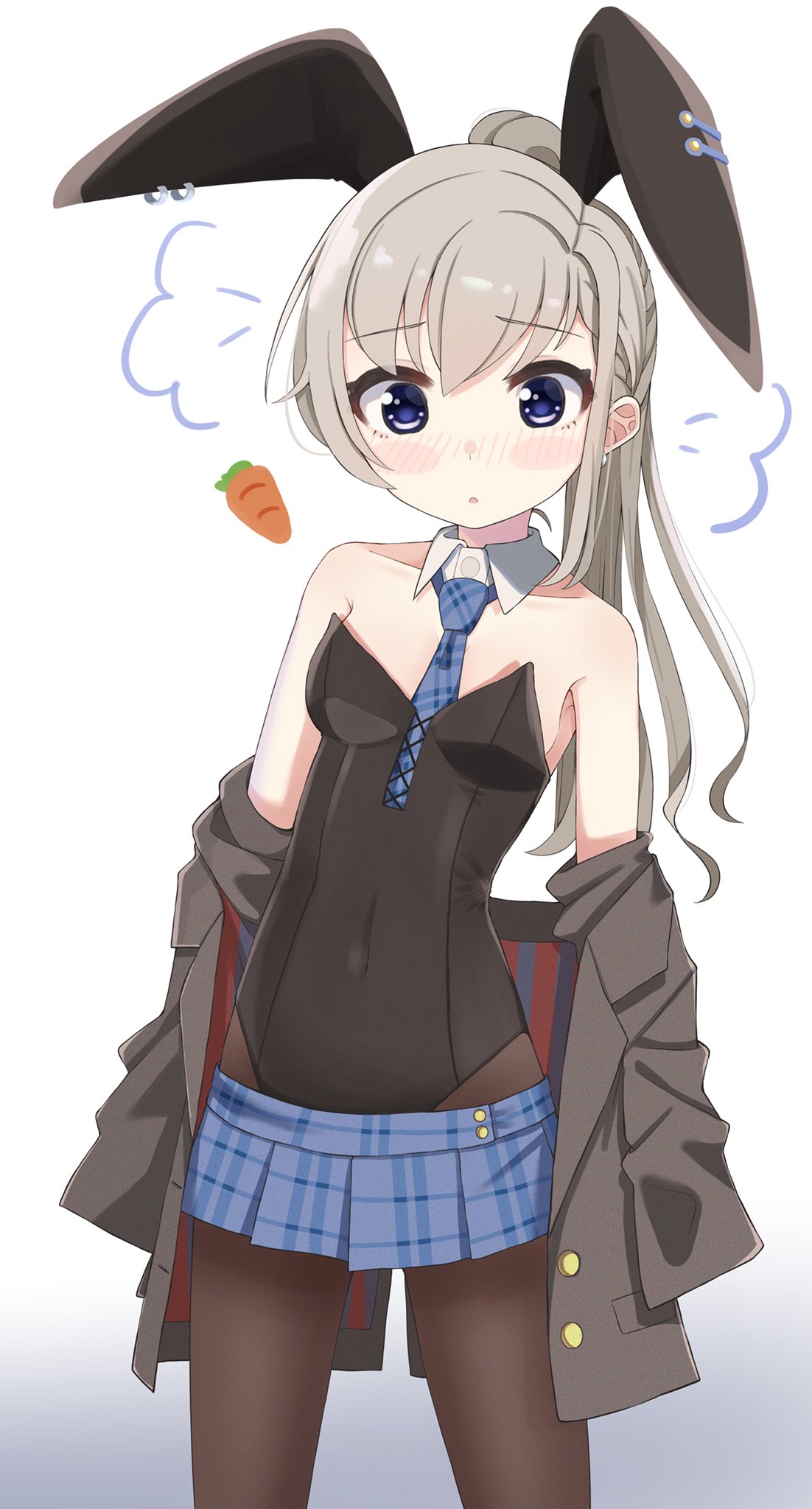 1girl :o animal_ears bangs bare_shoulders black_leotard blazer blue_eyes blue_neckwear blue_skirt blush blush_stickers breasts brown_jacket brown_legwear bunnysuit carrot collar commentary_request covered_navel detached_collar ear_piercing eyebrows_visible_through_hair gradient gradient_background grey_background grey_hair hair_between_eyes highres hisakawa_hayate idolmaster idolmaster_cinderella_girls idolmaster_cinderella_girls_starlight_stage jacket leotard long_hair necktie nose_blush off_shoulder open_blazer open_clothes open_jacket pantyhose parted_lips piercing plaid plaid_neckwear plaid_skirt pleated_skirt ponytail rabbit_ears shiwa_(siwaa0419) skirt small_breasts solo strapless strapless_leotard very_long_hair white_background white_collar wing_collar