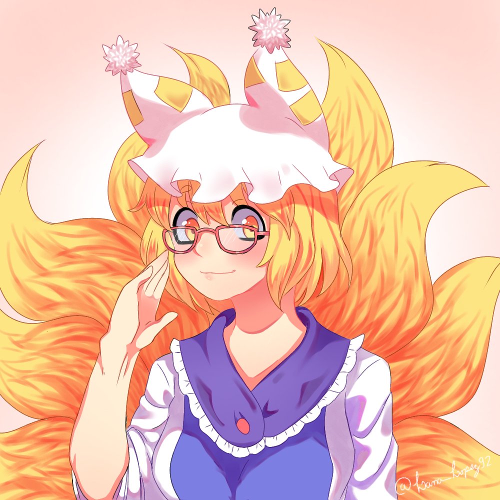 animal_ears blonde_hair blush fox_ears fox_tail glasses hands_in_opposite_sleeves hat kitsune lanalopez92 multiple_tails pillow_hat short_hair tail touhou yakumo_ran