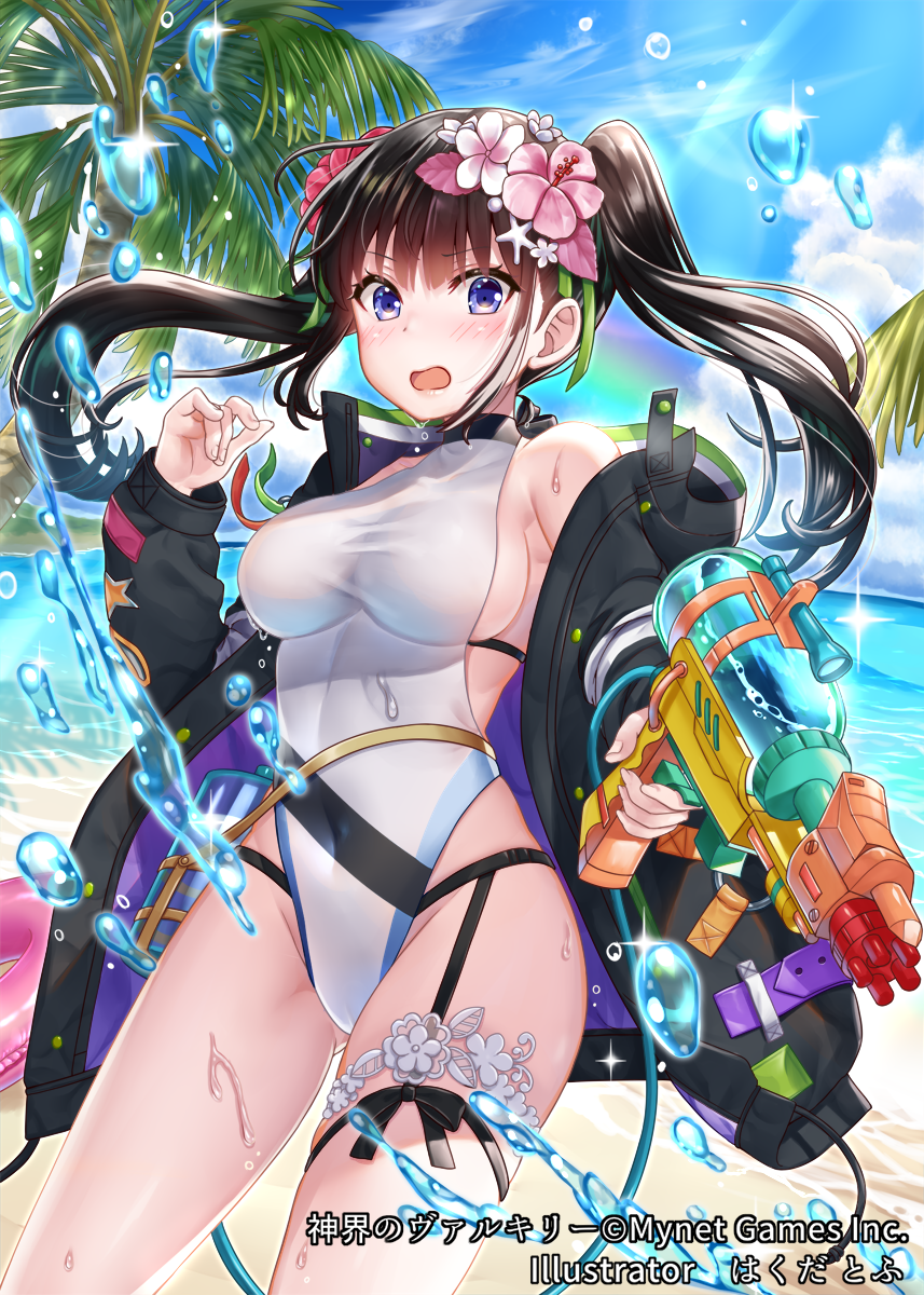 1girl ass_visible_through_thighs bangs beach black_jacket black_ribbon blue_eyes blue_sky blush breasts brown_hair casual_one-piece_swimsuit clothing_request clouds cloudy_sky collarbone commentary_request competition_swimsuit covered_navel cowboy_shot day eyebrows_visible_through_hair flower green_jacket groin gun hair_flower hair_ornament hakuda_tofu hand_up highleg highleg_swimsuit highres holding jacket large_breasts lens_flare long_hair long_sleeves looking_at_viewer multicolored multicolored_clothes multicolored_jacket ocean off_shoulder official_art one-piece_swimsuit open_clothes open_jacket open_mouth outdoors palm_tree pink_flower purple_jacket rainbow red_flower ribbon shinkai_no_valkyrie single_bare_shoulder skindentation sky solo sunlight sweat swimsuit thigh_strap tree twintails water water_drop water_gun weapon white_swimsuit