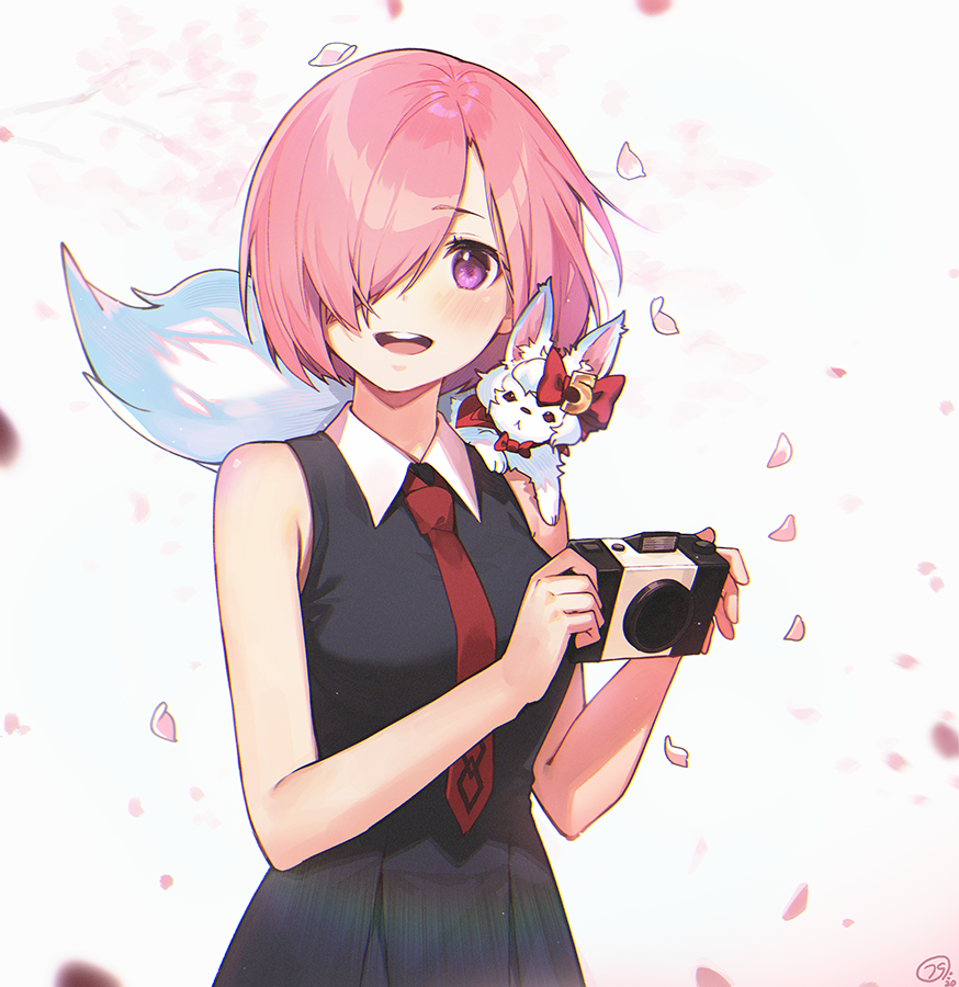 1girl :d animal_on_shoulder bangs bare_arms bare_shoulders black_dress blush bow breasts camera cherry_blossoms collared_dress commentary_request dress eyebrows_visible_through_hair fate/grand_order fate_(series) fou_(fate/grand_order) hair_over_one_eye holding looking_at_viewer mash_kyrielight nagu necktie number open_mouth petals pink_hair red_bow red_neckwear round_teeth shiny shiny_hair short_hair signature sleeveless sleeveless_dress smile teeth upper_body violet_eyes wing_collar