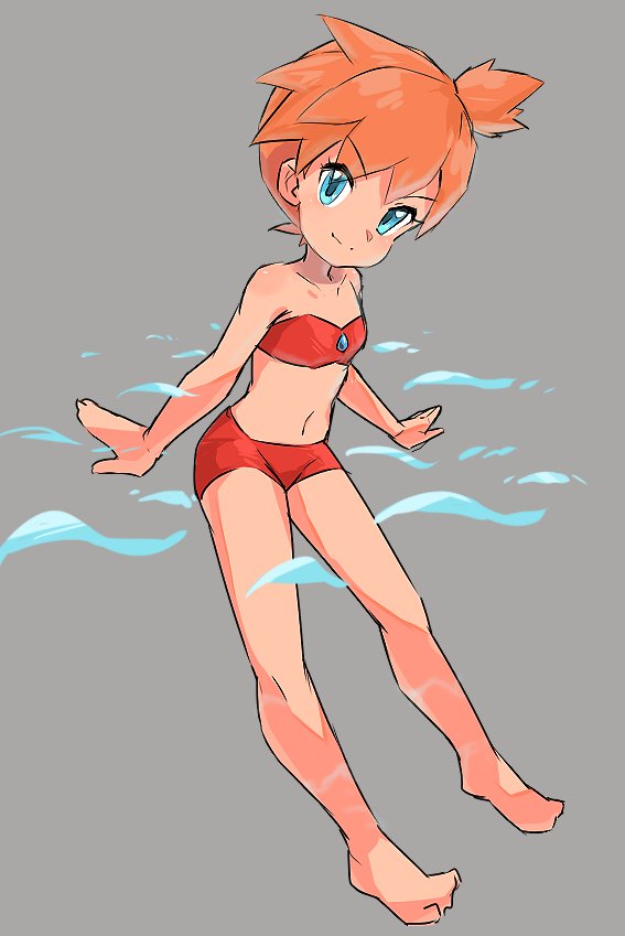 1girl blue_eyes breasts closed_mouth groin gym_leader kasumi_(pokemon) looking_at_viewer navel nyonn24 orange_hair pokemon pokemon_(game) pokemon_lgpe short_hair shorts side_ponytail smile solo swimsuit water