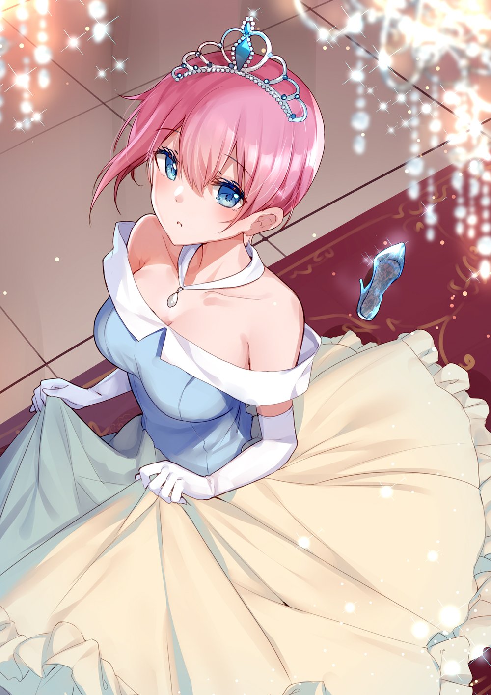 1girl :o bangs bare_shoulders bison_cangshu blue_eyes blue_shirt blurry blurry_foreground breasts brown_skirt cinderella collarbone commentary_request depth_of_field elbow_gloves eyebrows_visible_through_hair frilled_skirt frills glass_slipper gloves go-toubun_no_hanayome hair_between_eyes highres indoors looking_at_viewer medium_breasts nakano_ichika off-shoulder_shirt off_shoulder parted_lips pink_hair shirt short_sleeves skirt skirt_hold solo tiara white_gloves