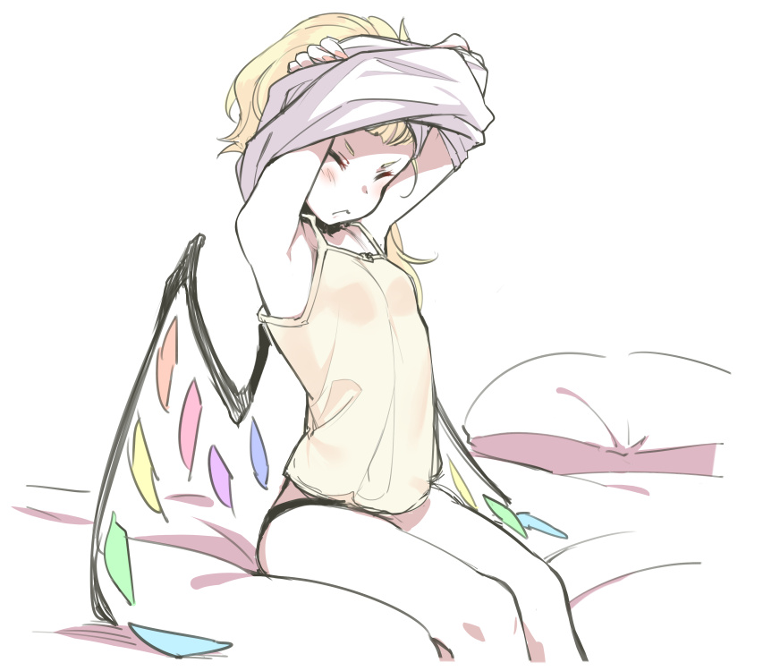 1girl asutora bed_sheet black_panties blonde_hair camisole closed_eyes closed_mouth crystal flandre_scarlet long_hair panties pillow side_ponytail simple_background sitting solo touhou underwear undressing white_background wings yellow_camisole