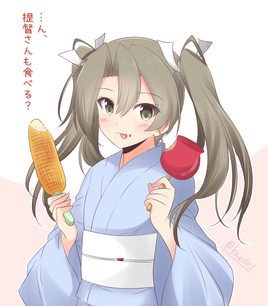 1girl alternate_costume blue_kimono candy_apple commentary_request corn food green_eyes grey_hair hair_ribbon icesherbet japanese_clothes kantai_collection kimono long_hair ribbon solo translation_request twintails two-tone_background upper_body white_ribbon yukata zuikaku_(kantai_collection)