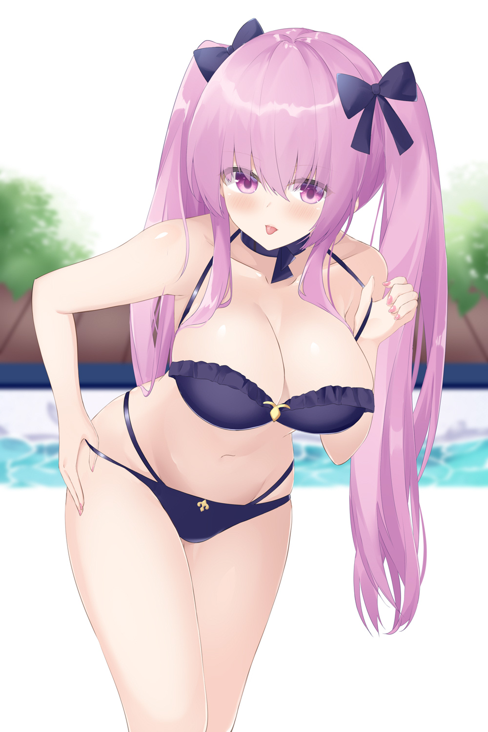 1girl azur_lane bare_arms bikini bikini_pull bow breasts frilled_bikini frills hair_bow halter_top halterneck highres la_galissonniere_(azur_lane) la_galissonniere_(pristine_summer_pool)_(azur_lane) large_breasts long_hair looking_at_viewer multi-strapped_bikini pink_hair purple_bikini purple_bow roido_(taniko-t-1218) solo swimsuit twintails