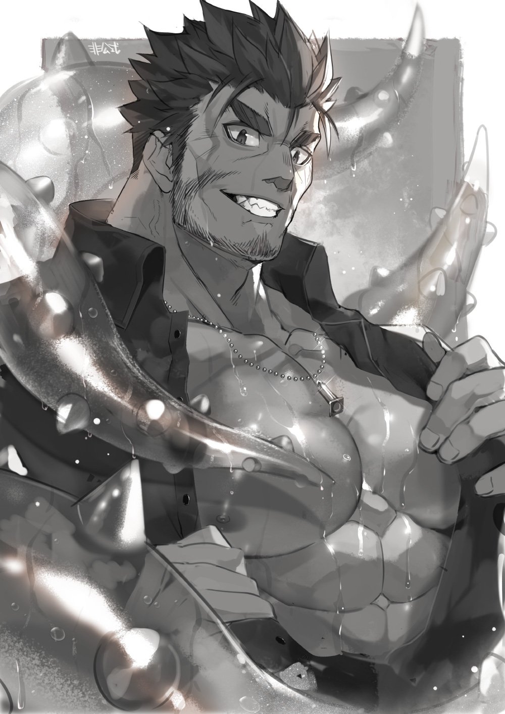 1boy abs bara beard black_hair chest dagon_(tokyo_houkago_summoners) facial_hair greyscale highres looking_at_viewer male_focus manly monochrome muscle nikism nipples pectorals smile solo tentacles tokyo_houkago_summoners wet