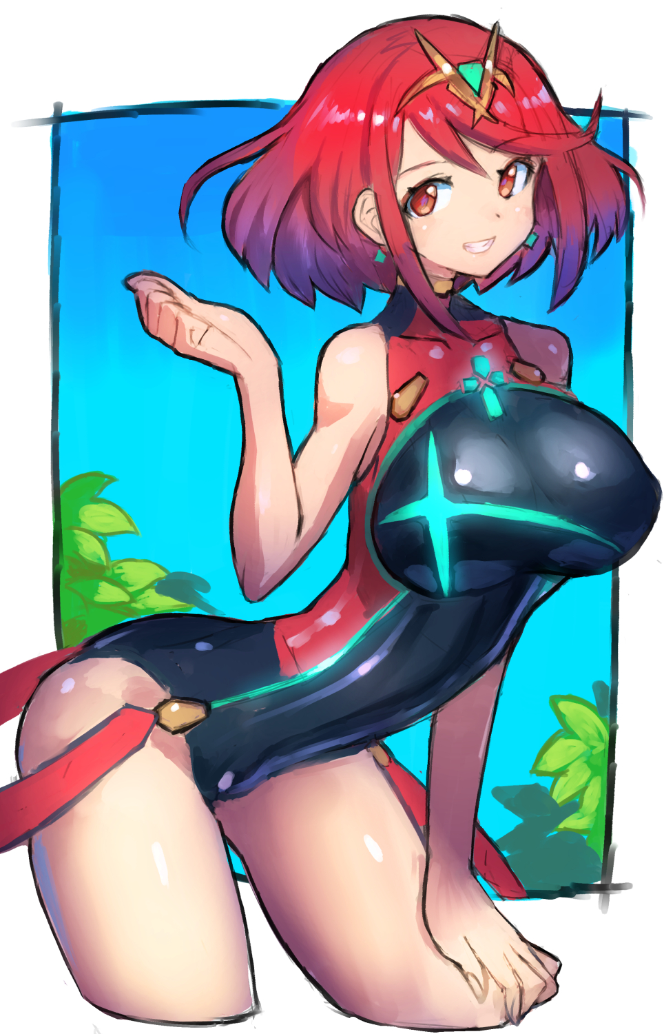 1girl bangs bent_over black_swimsuit breasts cowboy_shot dakusuta grin highres pyra_(xenoblade) large_breasts one-piece_swimsuit red_eyes redhead short_hair smile solo swept_bangs swimsuit tiara xenoblade_(series) xenoblade_2