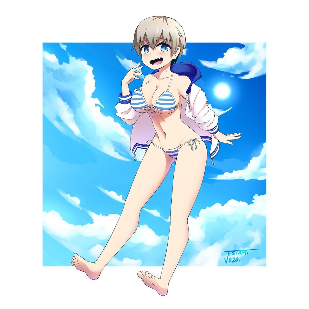 1girl 2020 :d bare_shoulders barefoot bikini blue_sky blush border breasts clouds cloudy_sky commentary english_commentary eyebrows_visible_through_hair fang feet full_body grey_hair hair_between_eyes jacket jestami large_breasts looking_at_viewer navel off_shoulder open_clothes open_jacket open_mouth outside_border pantyhose short_hair side-tie_bikini signature skin_fang sky smile solo stomach striped striped_bikini sun swimsuit track_jacket under_boob uzaki-chan_wa_asobitai! uzaki_hana white_border