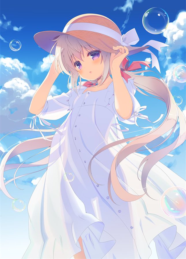 1girl bangs blue_sky blush bow brown_headwear bubble clouds commentary_request day dress eyebrows_visible_through_hair grey_hair hair_between_eyes hair_ribbon hands_on_headwear hands_up hat hat_bow long_hair looking_at_viewer low_twintails original outdoors parted_lips puffy_short_sleeves puffy_sleeves red_ribbon ribbon santa_matsuri see-through see-through_silhouette short_sleeves sky solo sun_hat twintails very_long_hair violet_eyes white_bow white_dress