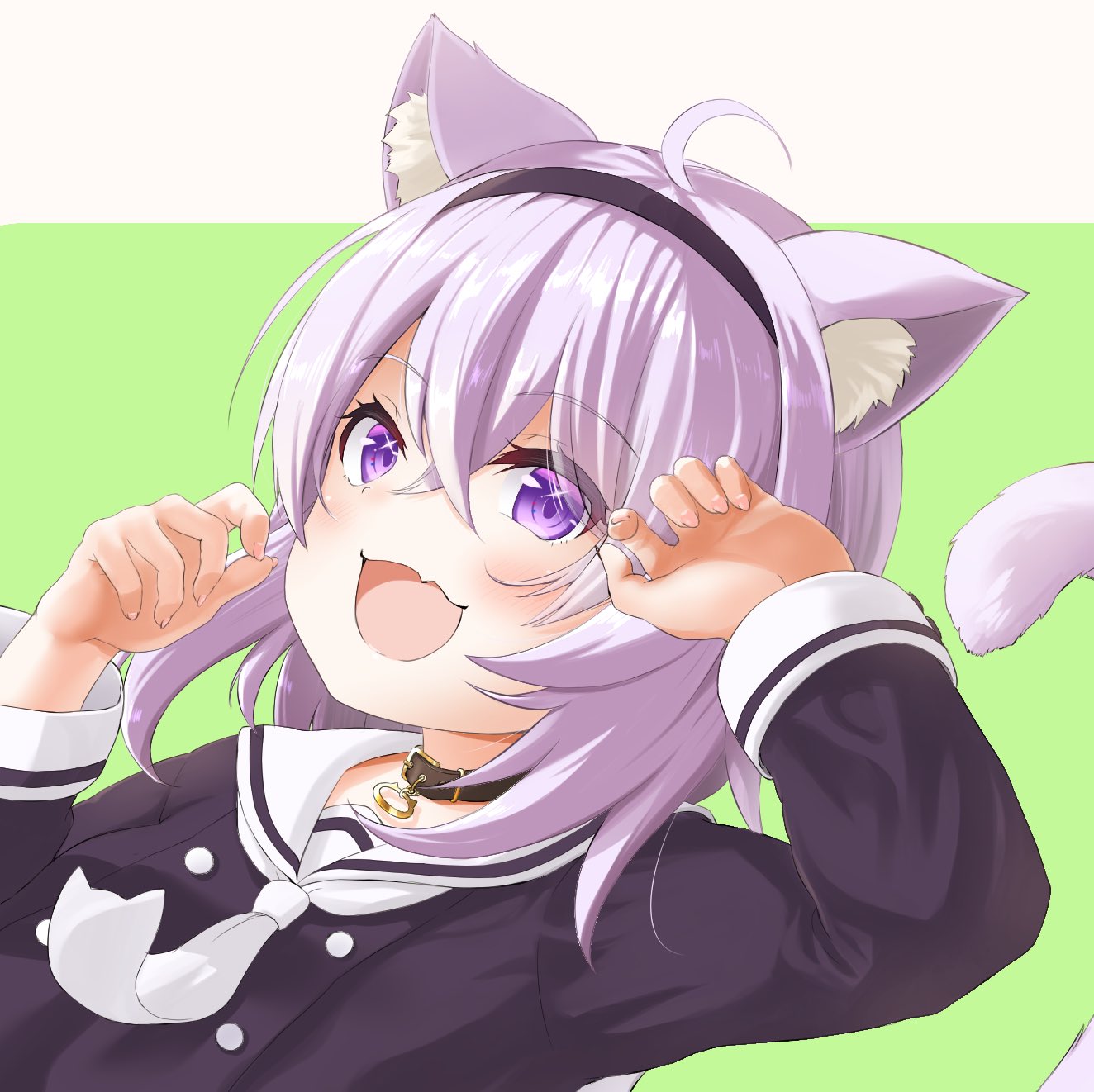 1girl :3 :d ahoge animal_ears black_shirt blush buttons cat-shaped_neckwear cat_ears cat_girl cat_tail choker claw_pose close-up collar double-breasted fang fingernails fingers hairband highres hololive long_sleeves looking_at_viewer neckerchief nekomata_okayu open_mouth portrait purple_hair sailor_collar sailor_shirt shirt skin_fang smile solo sparkling_eyes tail two-tone_background uetaku violet_eyes virtual_youtuber w_arms