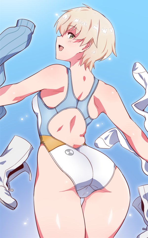 1girl ass blonde_hair blue_background boots_removed competition_swimsuit em_(totsuzen_no_hakike) from_behind green_eyes hanna_wind looking_at_viewer one-piece_swimsuit short_hair smile solo sweater_removed swimsuit thigh_gap thighs undressing world_witches_series