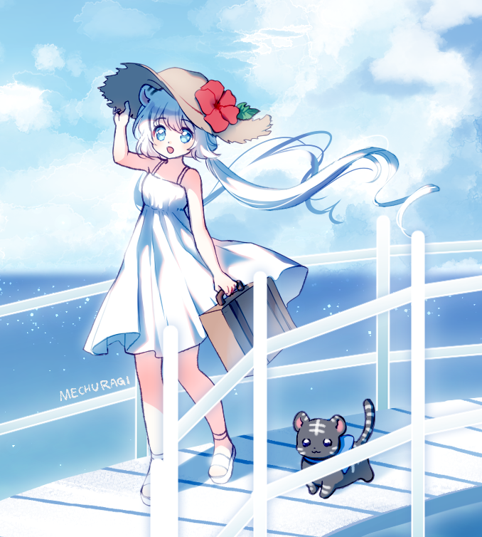 1girl :d animal animal_ears artist_name bangs bare_arms bare_shoulders black_cat blue_eyes blue_sky blush brown_headwear cat clouds cloudy_sky day dress eyebrows_visible_through_hair flower hair_between_eyes hand_on_headwear hand_up hat hat_flower holding horizon long_hair looking_at_viewer low_twintails mechuragi ocean open_mouth original outdoors railing red_flower sandals signature sky sleeveless sleeveless_dress smile solo straw_hat suitcase summer tiger_ears twintails very_long_hair walking water white_footwear white_hair