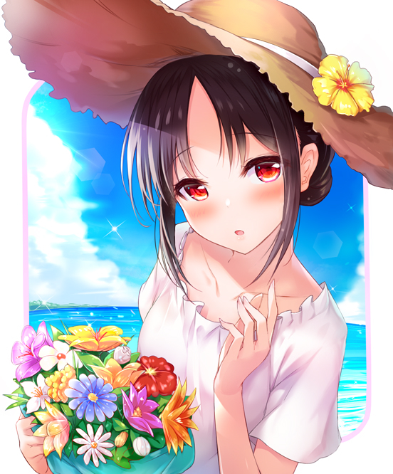 1girl bangs black_hair blue_sky blush bouquet clouds cloudy_sky collarbone commentary_request day dress eyebrows_visible_through_hair flower folded_ponytail hair_ribbon hand_up hat hat_flower hibiscus holding holding_bouquet kaguya-sama_wa_kokurasetai_~tensai-tachi_no_renai_zunousen~ looking_at_viewer ocean open_mouth outdoors parted_bangs parted_lips pink_flower red_eyes red_flower red_ribbon revision ribbon shinomiya_kaguya short_hair short_sleeves sky solo straw_hat sun_hat tatenayua upper_body water white_dress white_flower yellow_flower