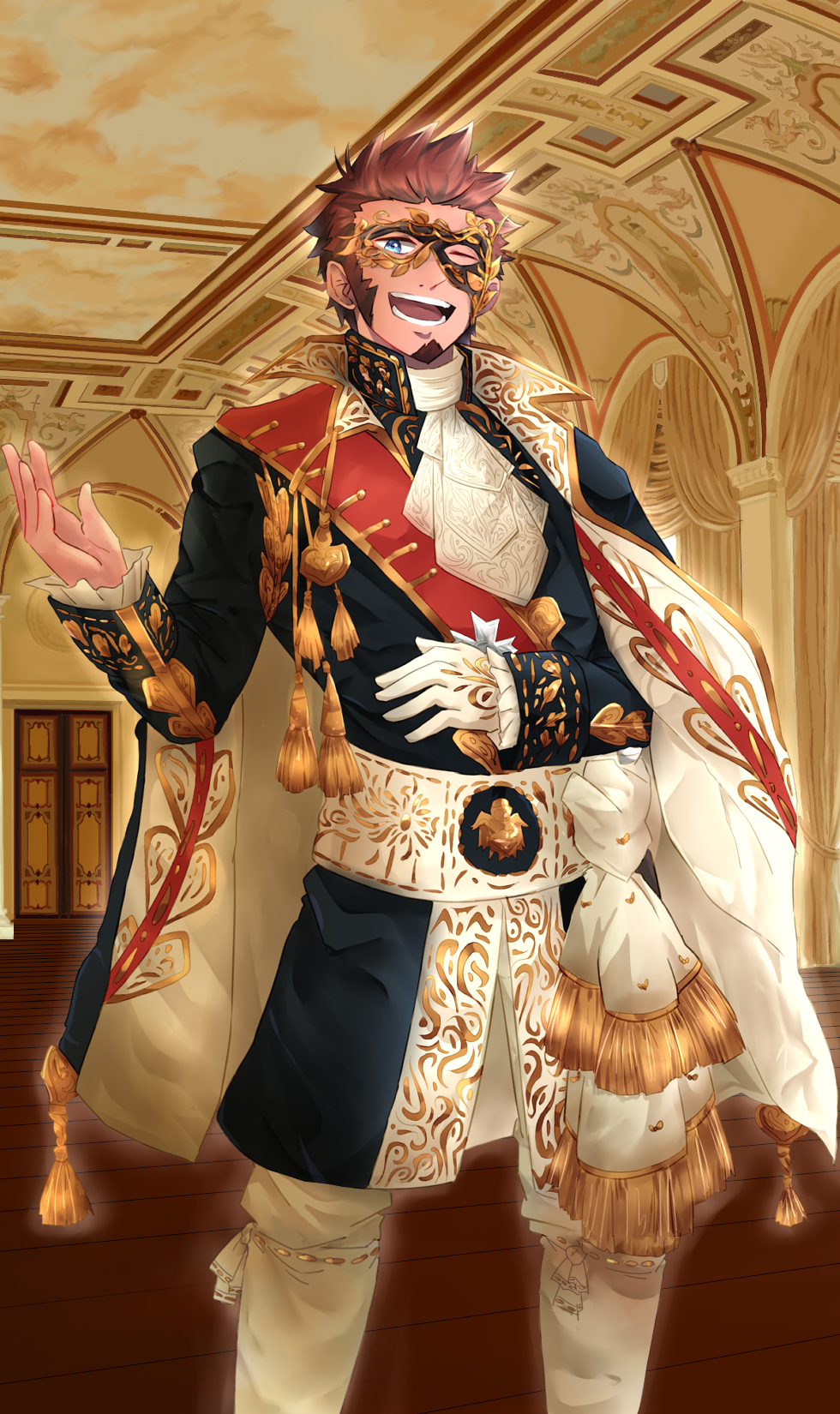 1boy beard blue_eyes brown_hair craft_essence facial_hair fate/grand_order fate_(series) gloves highres long_sleeves looking_at_viewer male_focus mask napoleon_bonaparte_(fate/grand_order) one_eye_closed single_glove smile solo standing teeth uniform unower_s upper_body