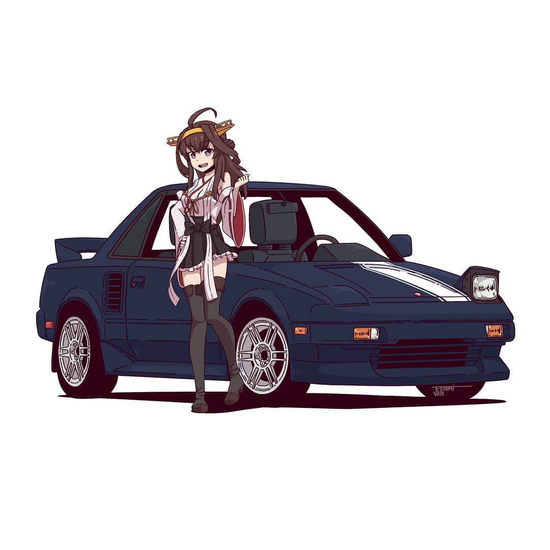 1girl :d ahoge black_legwear black_skirt boots brown_eyes brown_hair car commentary commission detached_sleeves double_bun english_commentary frilled_skirt frills full_body ground_vehicle hairband hakama_skirt hand_on_hip headgear jestami kantai_collection kongou_(kantai_collection) long_hair looking_at_viewer motor_vehicle nontraditional_miko open_mouth signature simple_background skirt smile solo standing thigh-highs thigh_boots toyota_mr2 upper_teeth vehicle_focus white_background
