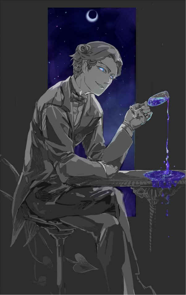 1boy alcohol alternate_costume aves_plumbum9 blue_eyes bow bowtie chair crescent_moon cup curly_hair demon_boy demon_tail drinking_glass dripping fangs fate/grand_order fate_(series) formal limited_palette looking_at_viewer male_focus mephistopheles_(fate/grand_order) moon night night_sky pale_skin pointy_ears shoes short_hair sitting sky smirk solo suit table tail tailcoat teeth thick_eyebrows wine wine_glass