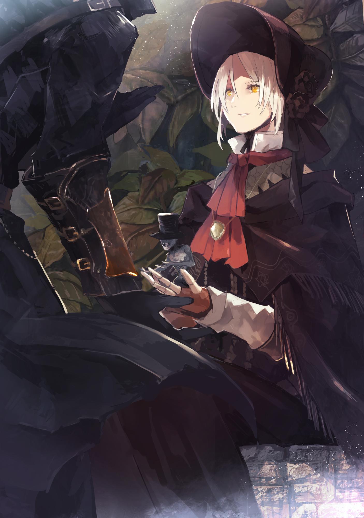 1boy 1girl bangs black_cloak black_coat black_dress black_gloves black_headwear bloodborne bonnet cloak coat commentary cravat doll_joints dress feet_out_of_frame fingerless_gloves gloves hair_between_eyes hat head_out_of_frame highres hunter_(bloodborne) jewelry joints leaf leaning_forward long_sleeves messengers_(bloodborne) mono_(jdaj) necklace open_hands open_mouth outstretched_hand parted_bangs plain_doll red_gloves red_neckwear short_hair sitting smile standing top_hat vambraces white_hair yellow_eyes