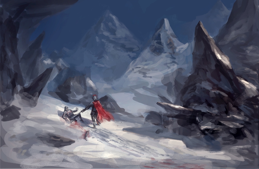 2others armor blood blood_trail cape crawling dismemberment full_armor greaves helmet holding holding_sword holding_weapon konghai_shanren mountain multiple_others on_floor original outdoors painterly pauldrons pointing_weapon red_cape scenery shoulder_armor snow sword weapon