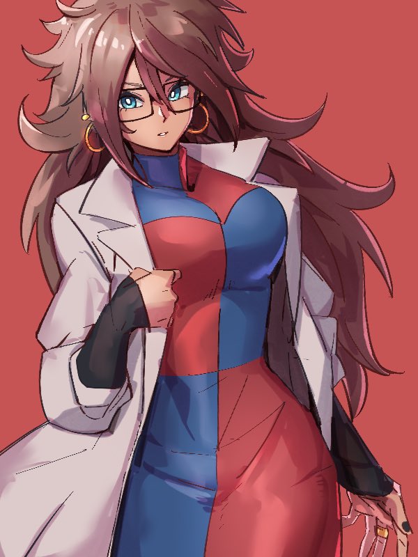 1girl android_21 black-framed_eyewear black_nails blue_eyes breasts brown_hair checkered checkered_dress dragon_ball dragon_ball_fighterz dress glasses hair_between_eyes hoop jewelry kemachiku labcoat long_hair looking_at_viewer medium_breasts nail_polish red_background ring simple_background solo