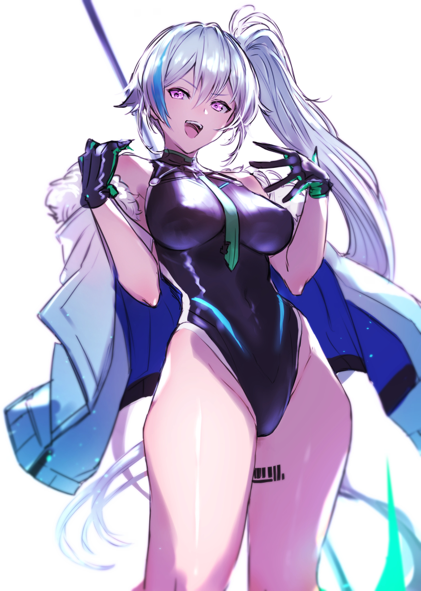 1girl barcode_tattoo black_leotard blue_hair breasts ephnel green_neckwear highleg highleg_leotard highres koto_suomi leg_tattoo leotard long_hair looking_at_viewer medium_breasts multicolored_hair open_mouth shiny shiny_hair shiny_skin silver_hair simple_background smile solo soul_worker standing streaked_hair tattoo violet_eyes white_background