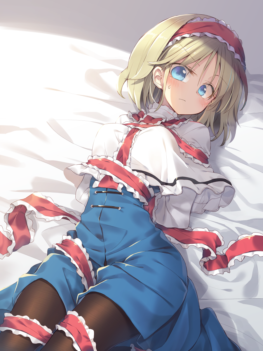 1girl alice_margatroid arms_behind_back bed_sheet black_legwear blonde_hair blue_dress blue_eyes bound bound_arms breasts capelet closed_mouth commentary_request dress frown hairband highres looking_at_viewer lying medium_breasts medium_hair on_back pantyhose partial_commentary red_hairband red_ribbon ribbon ribbon_bondage satou_kibi solo sweat touhou white_capelet