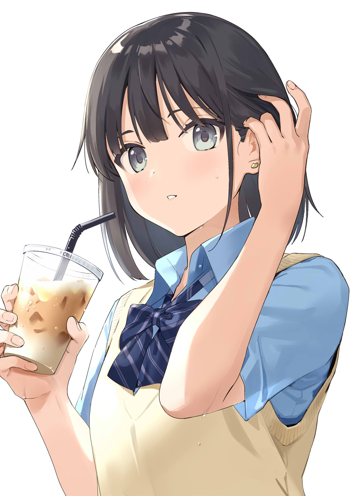 1girl bangs bendy_straw black_hair blue_bow blue_eyes blue_shirt blush bow collared_shirt commentary_request cup diagonal_stripes disposable_cup drinking_straw earrings eyebrows_behind_hair hair_behind_ear hair_tucking hands_up highres holding holding_cup jewelry looking_at_viewer original parted_lips school_uniform shirt short_sleeves simple_background solo striped striped_bow stud_earrings sweat sweater_vest upper_body urata_asao white_background