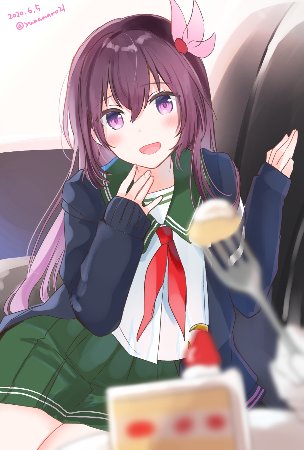 1girl blue_jacket blurry brown_hair cake cake_slice couch cowboy_shot crescent crescent_moon_pin dated depth_of_field food fork fruit green_sailor_collar green_skirt highres jacket kantai_collection kisaragi_(kantai_collection) long_hair looking_at_viewer neckerchief red_neckwear remodel_(kantai_collection) sailor_collar school_uniform serafuku simple_background skirt smile solo strawberry strawberry_shortcake twitter_username violet_eyes white_background yunamaro