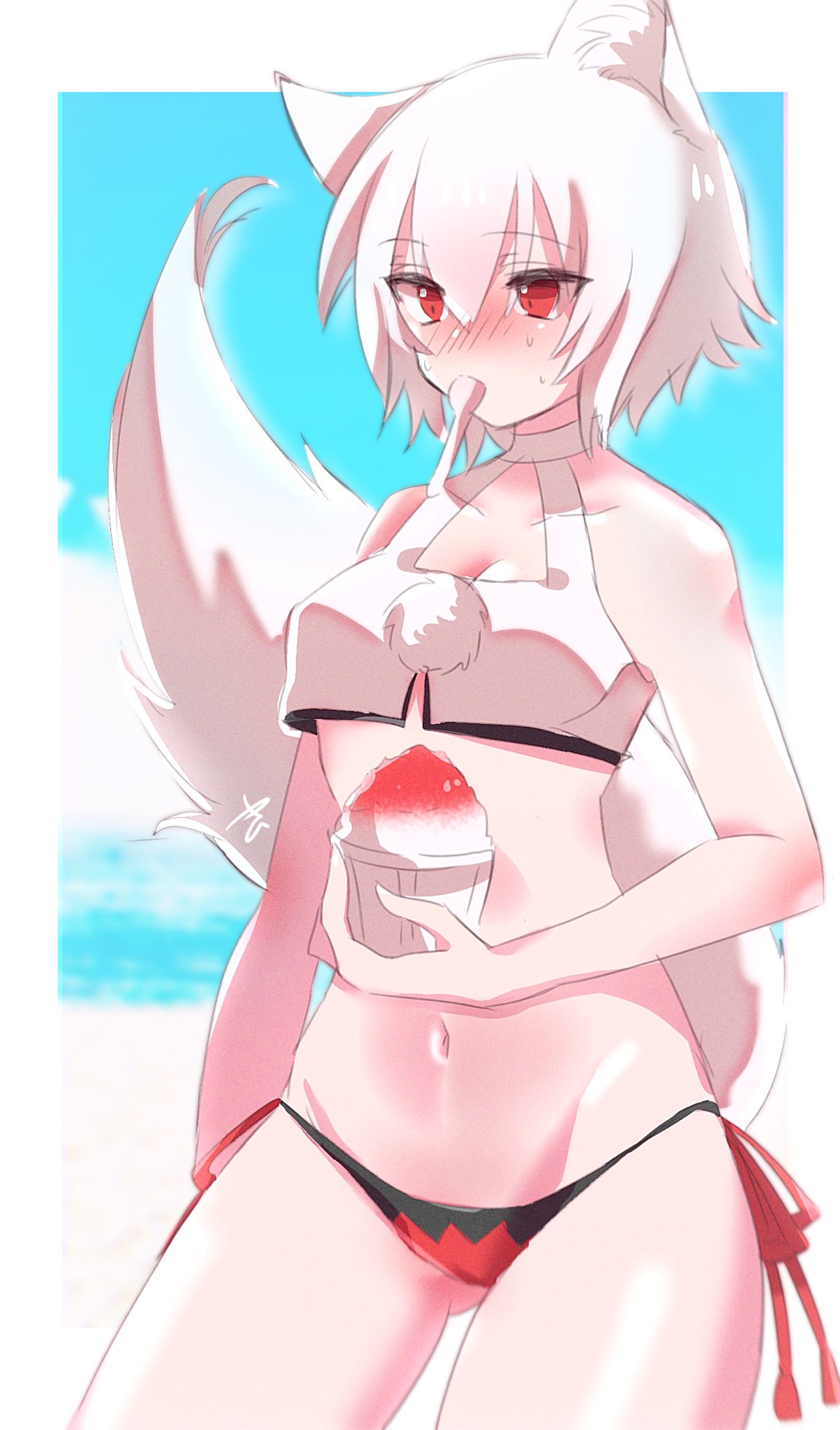 animal_ears ass_visible_through_thighs beach bikini blush breasts clouds eyebrows_visible_through_hair food highres holding holding_food inubashiri_momiji mouth_hold navel no_hat no_headwear ocean pom_pom_(clothes) red_eyes shaved_ice side-tie_bikini sky small_breasts spoon spoon_in_mouth sweat swimsuit tail touhou tsukihin white_hair white_tail wolf_ears wolf_girl wolf_tail