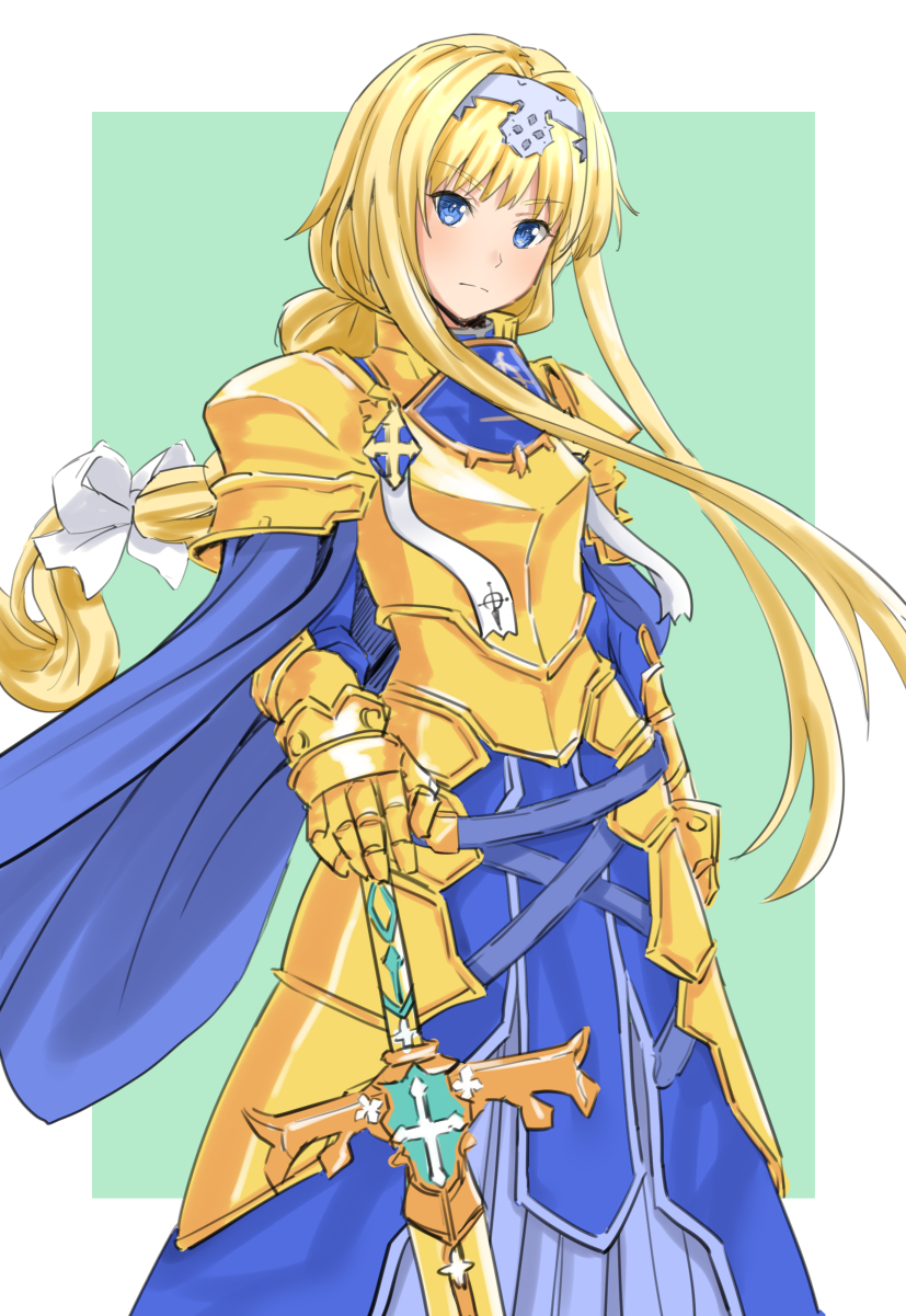 1girl alice_schuberg aqua_background armor armored_dress bangs blonde_hair blue_cape blue_dress blue_eyes bow braid braided_ponytail cape closed_mouth dress eyebrows_visible_through_hair floating_hair gauntlets grey_hairband hair_bow hair_intakes hairband hand_on_hilt highres long_dress long_hair osmanthus_blade ponytail shemry_akatsuki shoulder_armor sidelocks solo spaulders standing sword_art_online two-tone_background very_long_hair white_background white_bow