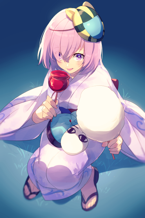 1girl bangs blush breasts candy_apple cis05 cotton_candy fate/grand_order fate_(series) food hair_over_one_eye japanese_clothes kimono lavender_hair long_sleeves looking_at_viewer mash_kyrielight mask mask_on_head sandals short_hair tongue tongue_out violet_eyes white_kimono wide_sleeves