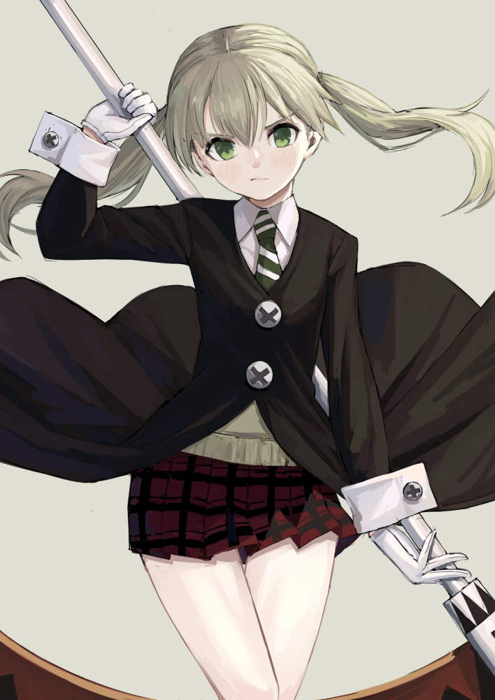 1girl atsuyah0310 bangs beige_background black_jacket black_skirt blonde_hair blush collared_shirt commentary_request feet_out_of_frame frown gloves green_eyes green_neckwear holding holding_weapon jacket long_hair long_sleeves looking_at_viewer maka_albarn miniskirt multicolored_neckwear necktie plaid plaid_skirt pleated_skirt red_skirt revision scythe shirt simple_background skirt solo soul_eater twintails weapon white_gloves white_neckwear white_shirt