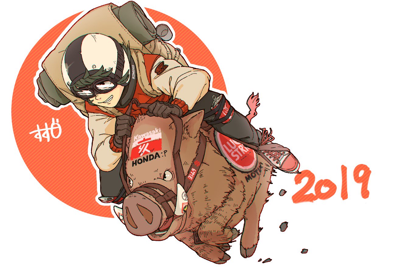 1other 2019 artist_name backpack bag black_pants boar brown_gloves can chinese_zodiac full_body gloves goggles green_hair grin helmet jacket knee_pads long_sleeves original pants red_jacket riding riding_boar shima_(landsuzume) shoes short_hair smile sneakers soda_can tusks white_background white_footwear year_of_the_pig