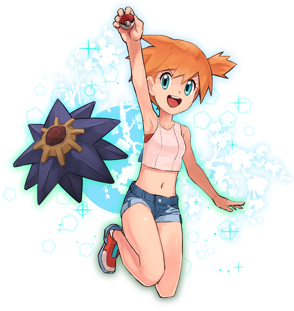 1girl blue_eyes breasts denim denim_shorts gen_1_pokemon gym_leader holding kasumi_(pokemon) looking_at_viewer midriff navel nyonn24 open_mouth orange_hair poke_ball poke_ball_(basic) pokemon pokemon_(creature) pokemon_(game) pokemon_lgpe short_hair shorts side_ponytail smile starmie white_background