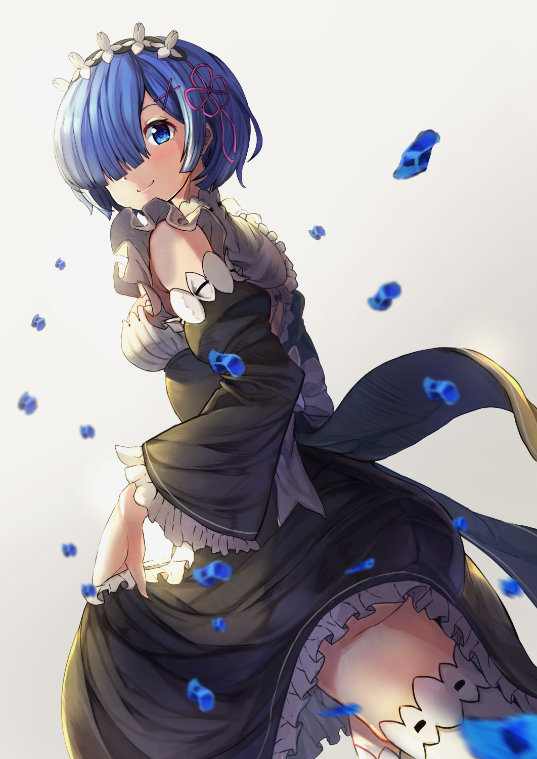 1girl anemone_noa ass black_skirt black_sleeves blue_eyes blue_hair blush closed_mouth cowboy_shot detached_sleeves flower frilled_skirt frilled_sleeves frills hair_flower hair_ornament hair_ribbon highres long_sleeves looking_at_viewer looking_back pink_ribbon re:zero_kara_hajimeru_isekai_seikatsu rem_(re:zero) ribbon ribbon-trimmed_legwear ribbon_trim shiny shiny_hair short_hair simple_background skirt skirt_hold smile solo standing thigh-highs white_background white_flower white_legwear