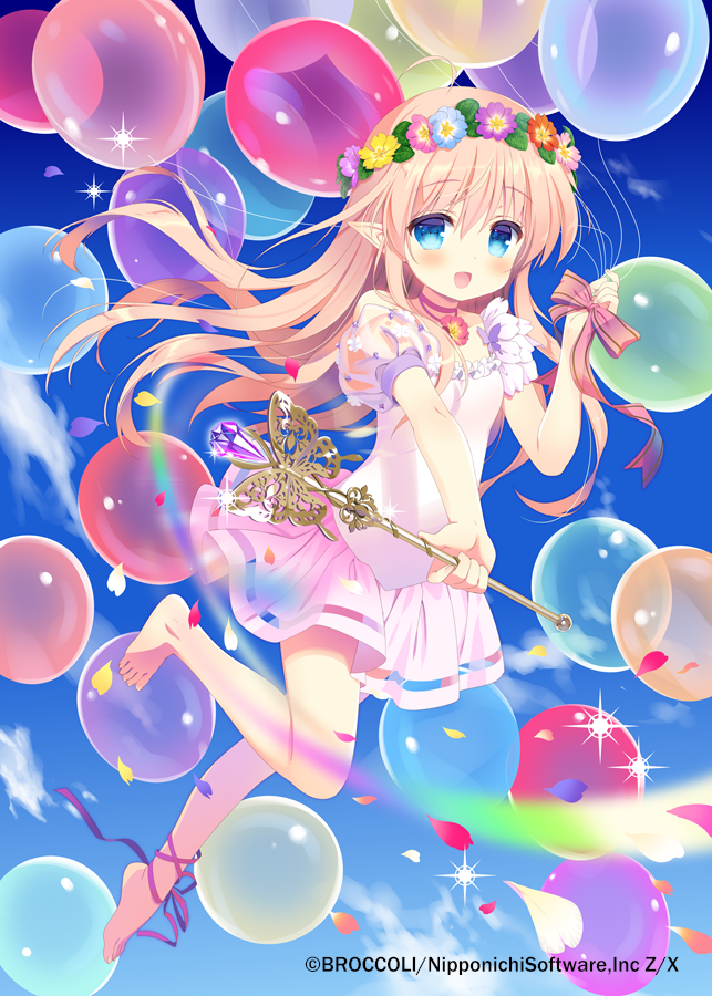 1girl :d balloon bangs barefoot blue_eyes blue_flower blue_sky blush clouds commentary_request copyright_name crystal day eyebrows_visible_through_hair flower flower_wreath full_body hair_between_eyes head_wreath holding holding_wand light_brown_hair long_hair looking_at_viewer open_mouth outdoors pink_flower pink_skirt pleated_skirt pointy_ears puffy_short_sleeves puffy_sleeves purple_flower rainbow red_flower red_ribbon ribbon santa_matsuri see-through see-through_sleeves shirt short_sleeves skirt sky smile solo very_long_hair wand white_shirt yellow_flower z/x